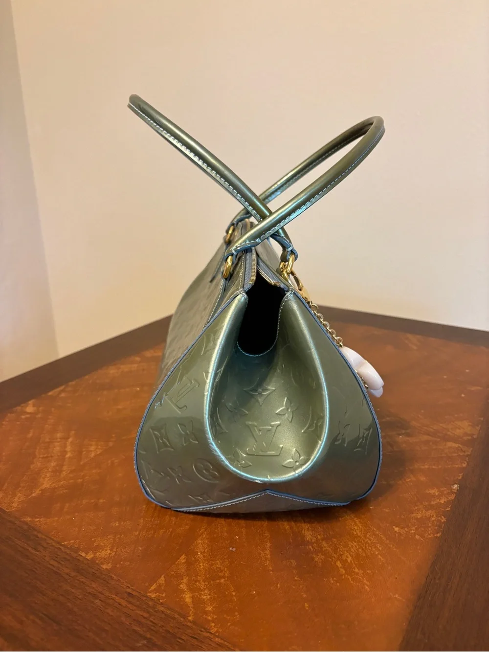 Louis Vuitton Metallic Sage Green Monogram Shoulder Bag with Flower Charm
